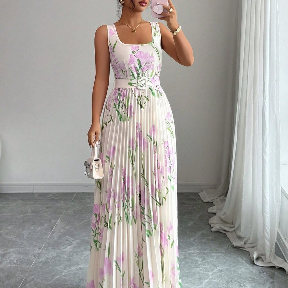 Multicolor Boho Women's Tulip Print Square Neck Cinched Waist Ruched Hem Dress